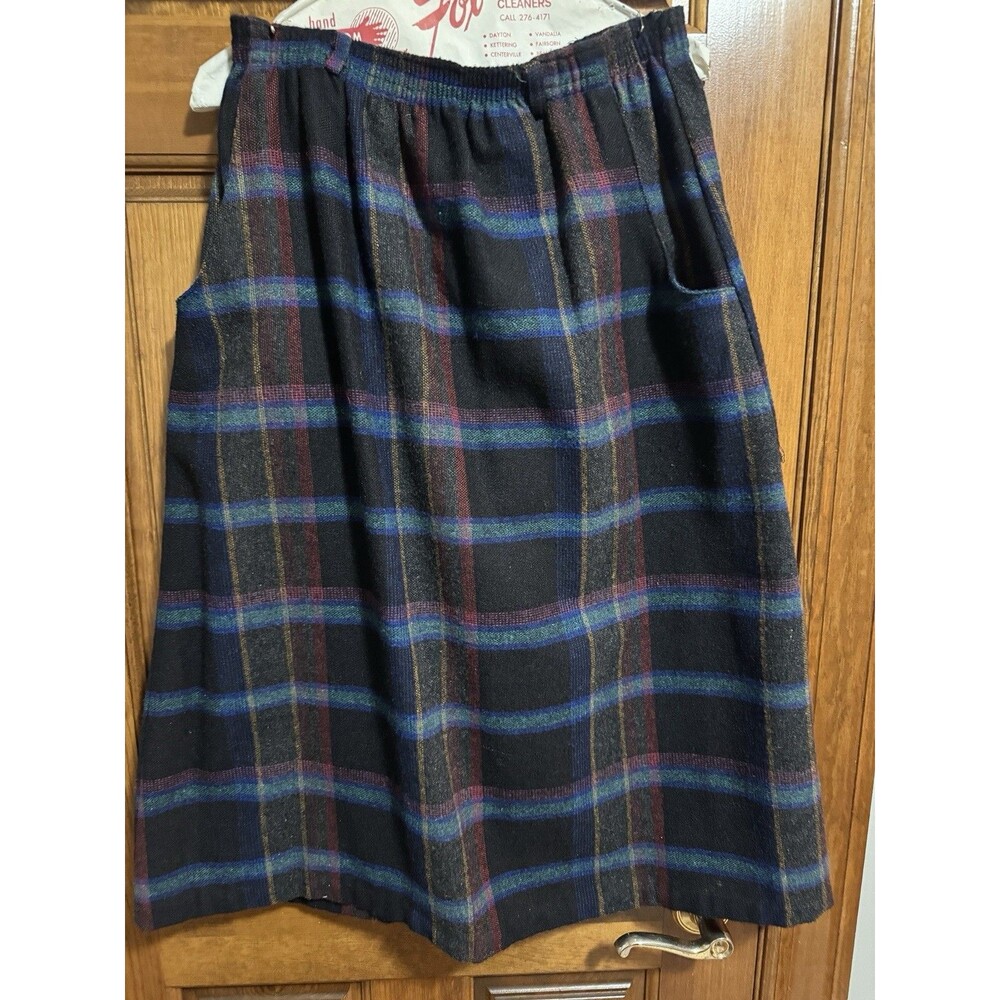 Vintage Take 1 Plaid Midi Skirt Womens 16 Wool Blend Elastic Waist Pockets USA